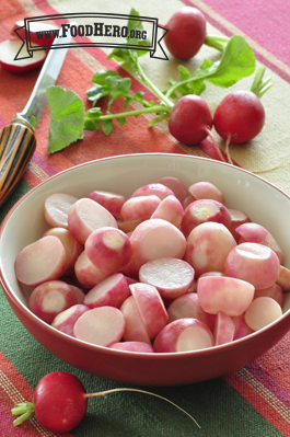 Bowl of sliced and braised radishes.