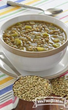 Bowl of green lentil soup.