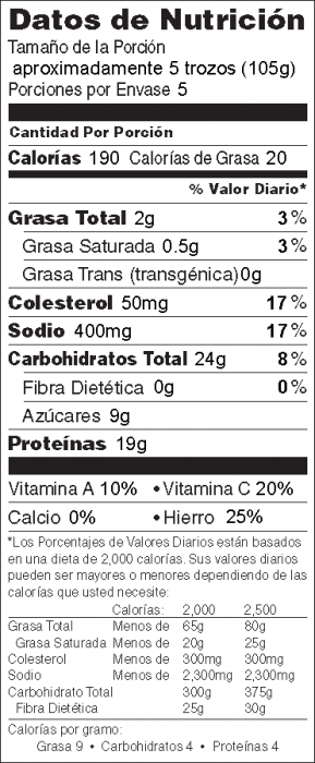 Foto de información nutricional de Trozos de Pollo Crujientes con salsa de barbacoa preparada