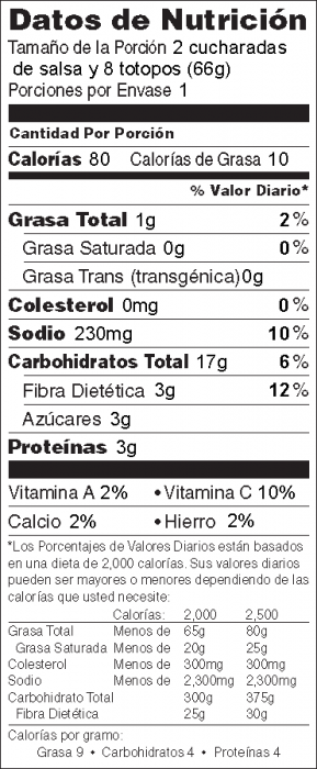 Foto de información nutricional de Salsa del Mercado de Agricultores con Totopos de Elote Horneados de Héroe de Alimentos