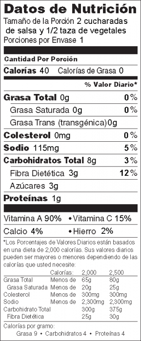 Foto de información nutricional de Salsa del Mercado de Agricultores con vegetales frescos