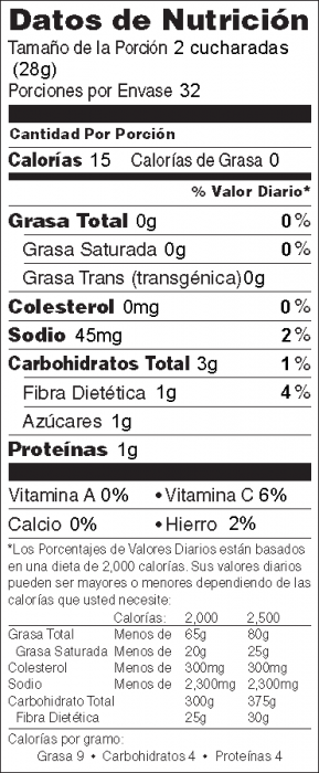 Foto de información nutricional de Salsa del Mercado de Agricultores