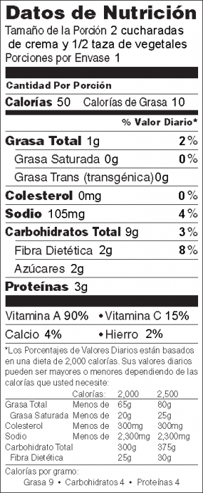 Foto de información nutricional de Crema de Garbanzos para untar (Hummus sin tahini) con vegetales frescos