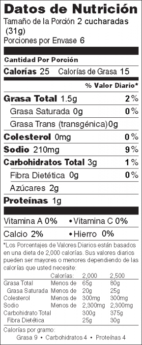 Foto de información nutricional Aderezo Ranchero