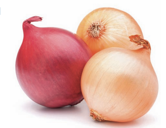 Three onions, one red, two yellow.