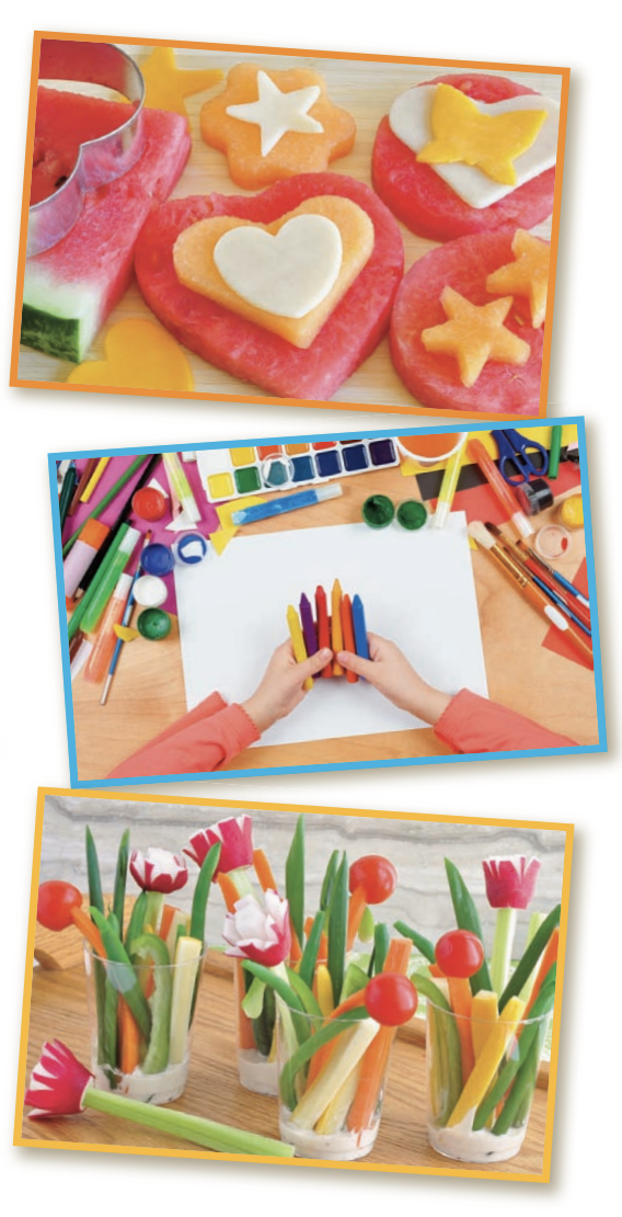 Three images with fruit cut into shapes, a white piece of paper with crayons, vegetables in a cup.