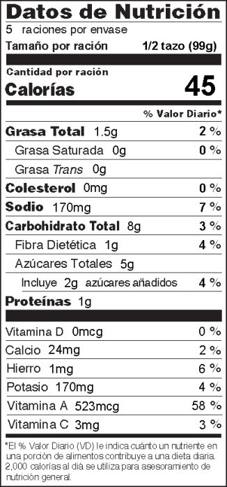 Foto de  información nutricional de Puré de Zanahorias