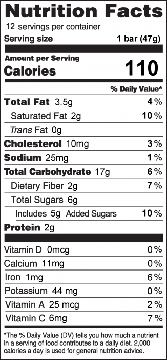 Photo of Nutrition Facts of Raspberry Oatmeal Bars