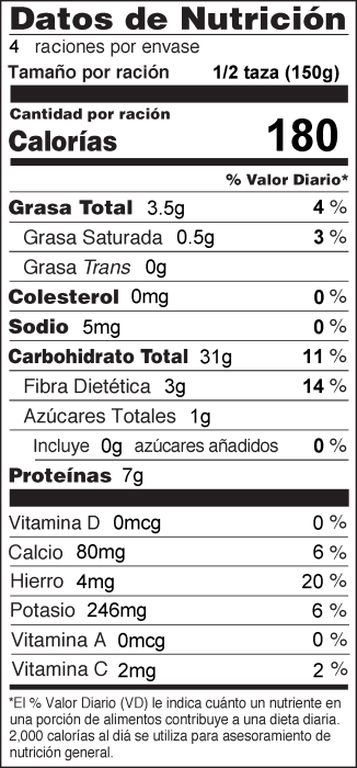 Stovetop Amaranth Nutrition Facts Label Sp