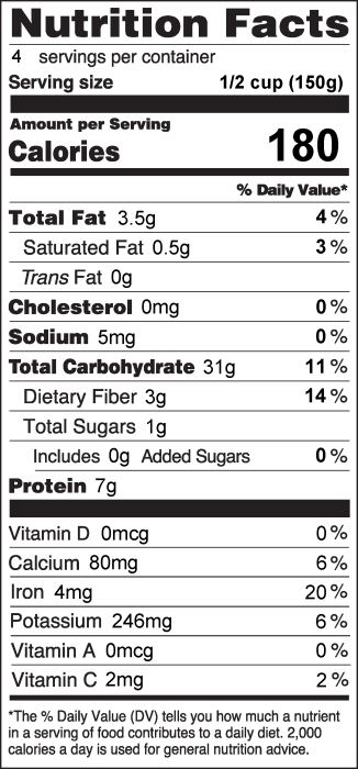 Stovetop  Amaranth Nutrition Facts Label