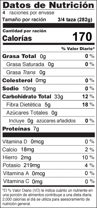 Nutrition Facts Spanish for Stovetop Kamut