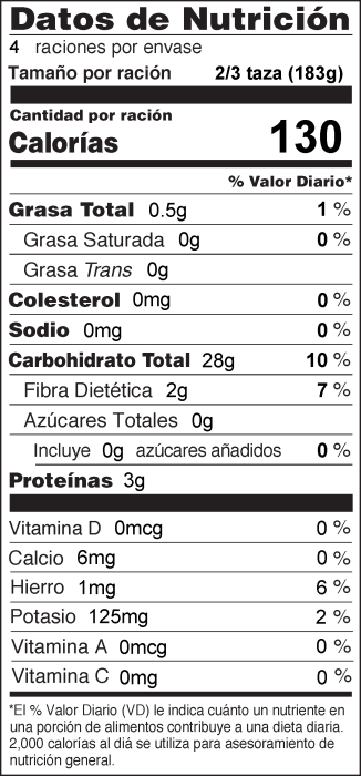 Foto de información nutricional de Sorgo Cocido en la Estufa