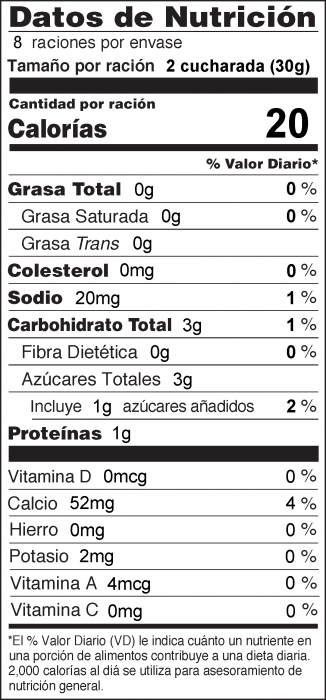 Foto de información nutricional de Salsa de Yogur 