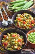 Bowls filled with a variety of vegetables and okra.