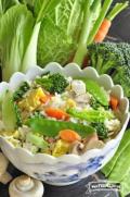 Bowl of rice, egg and vegetable mix.