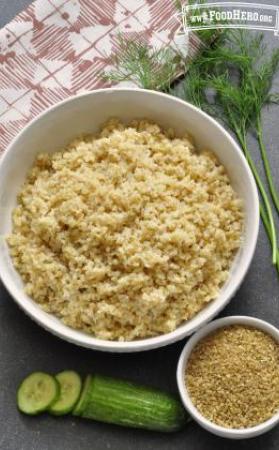 Bowl of soft, cooked bulgur.