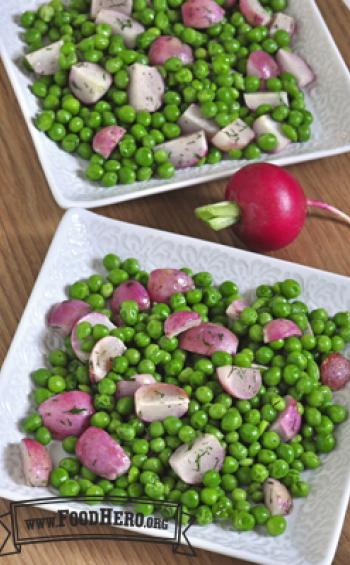 Plates of a vibrant pea and radish mix.